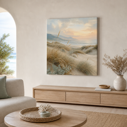 Dune Grass Morning stretched canvas in a coastal interior