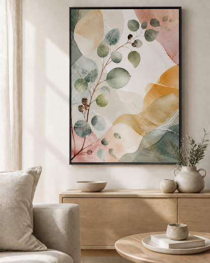 Eucalyptus Reverie canvas in a black floating frame