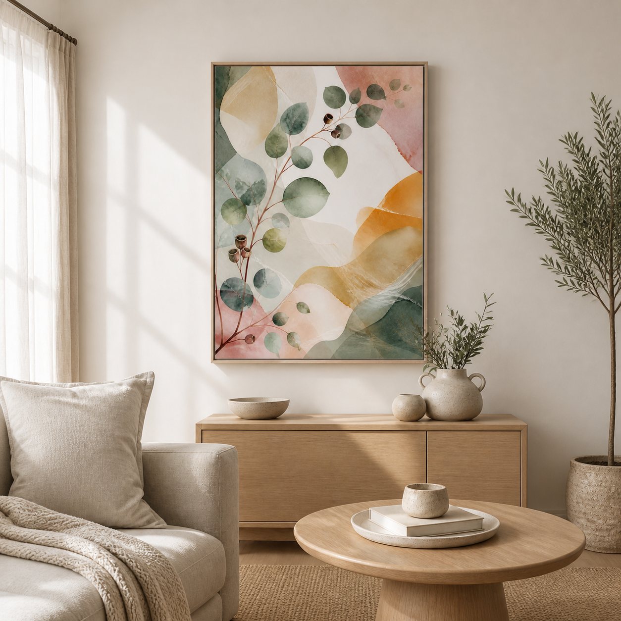 Eucalyptus Reverie canvas in a natural birch floating frame – full square lifestyle view