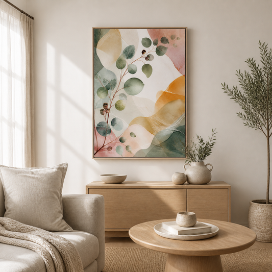Eucalyptus Reverie canvas in a natural birch floating frame – full square lifestyle view