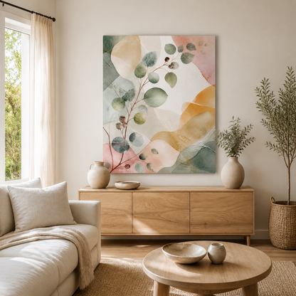 Eucalyptus Reverie stretched canvas in a styled living room – full square lifestyle view