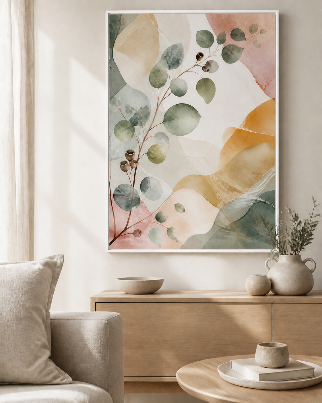 Eucalyptus Reverie canvas in a white floating frame