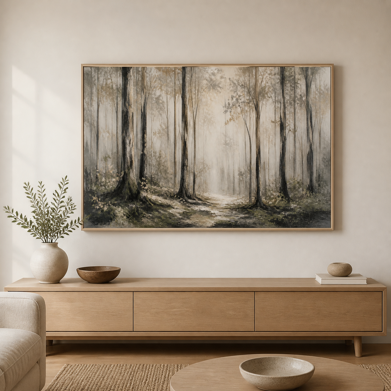 Forest Stillness birch floating frame landscape lifestyle view