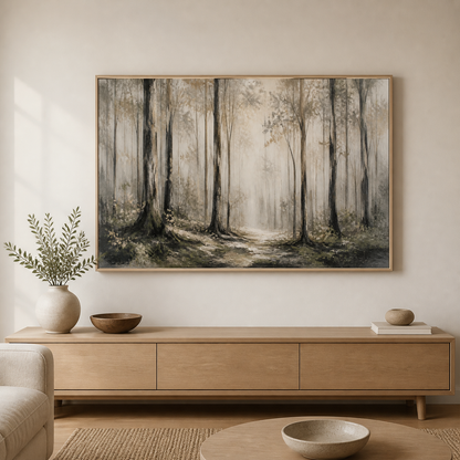 Forest Stillness birch floating frame landscape lifestyle view