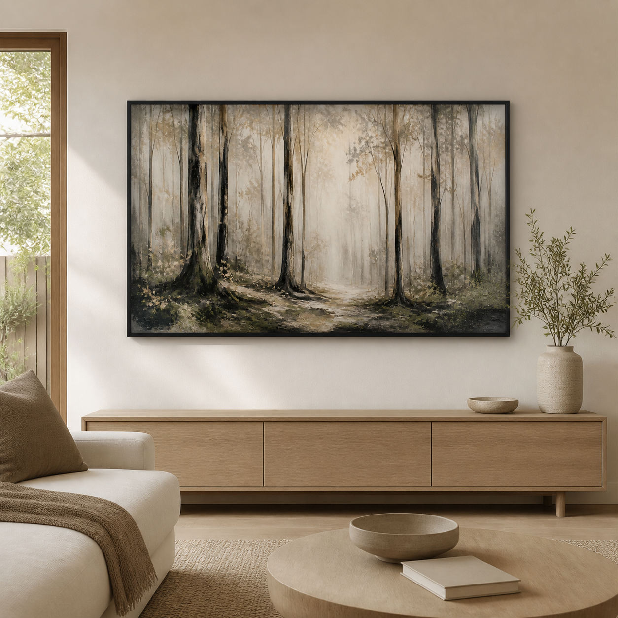 Forest Stillness black floating frame landscape lifestyle view