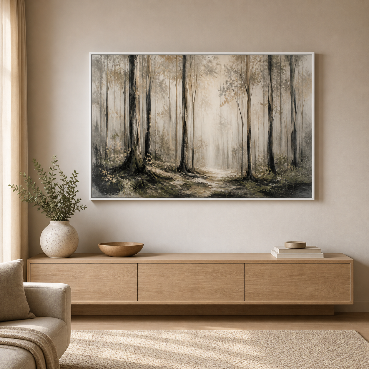 Forest Stillness white floating frame landscape lifestyle view