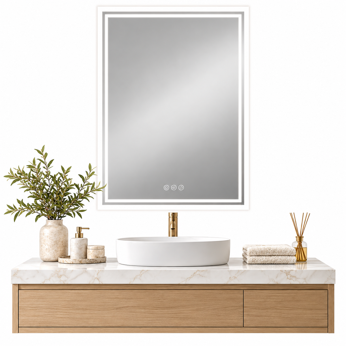 Frameless rectangle LED bathroom mirror with a double light border above a white sink, marble vanity and gold tap