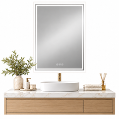 Frameless rectangle LED bathroom mirror with a double light border above a white sink, marble vanity and gold tap