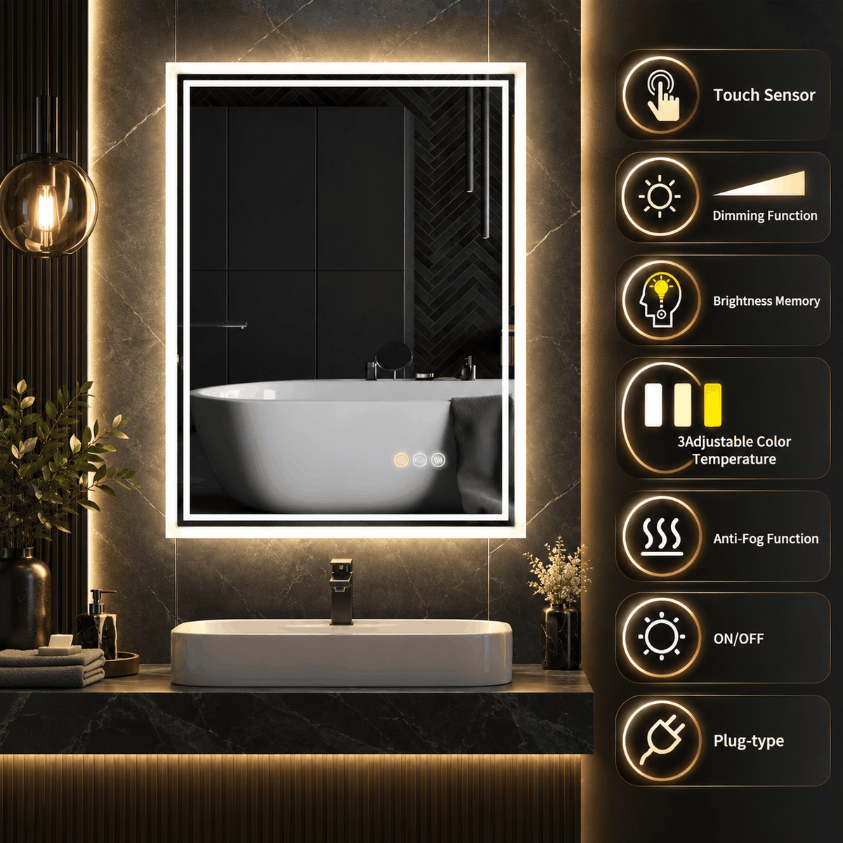 Rectangle LED mirror in a dark bathroom beside icons showing touch, dimming, light colours, anti fog and plug features
