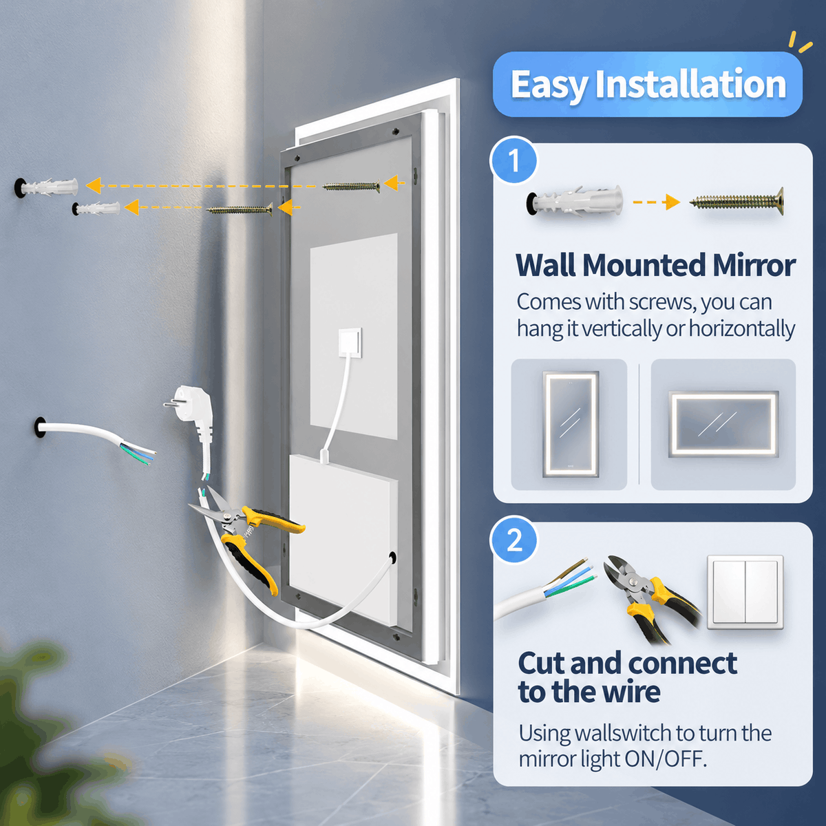 Installation guide showing wall fixings, hanging the mirror vertically or horizontally and connecting the power cable