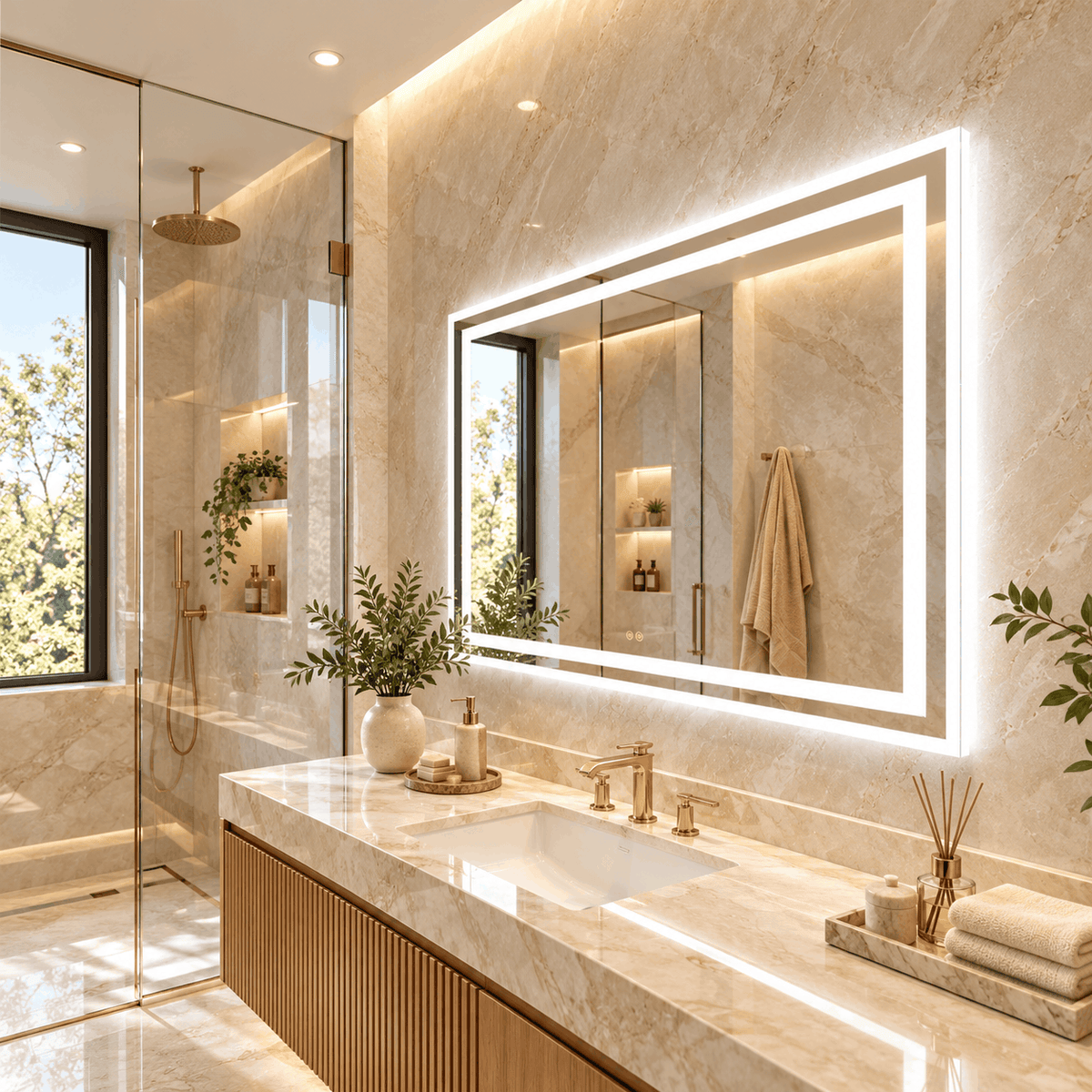 Wide rectangle LED mirror with a bright white border above a marble vanity in a beige bathroom with a shower