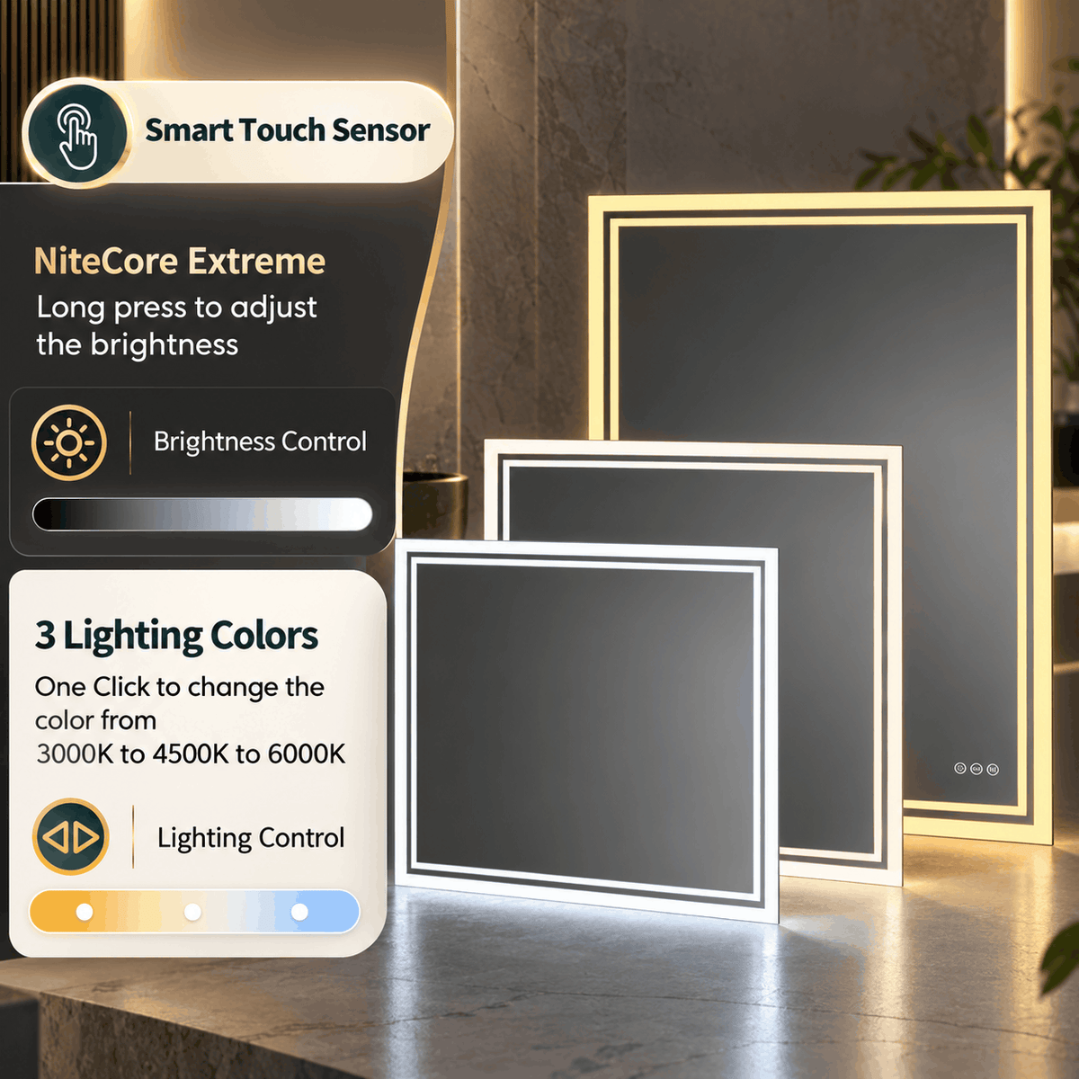 Three rectangle LED mirrors in different sizes lit in warm and cool white beside icons for touch and brightness
