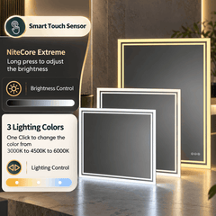Three rectangle LED mirrors in different sizes lit in warm and cool white beside icons for touch and brightness
