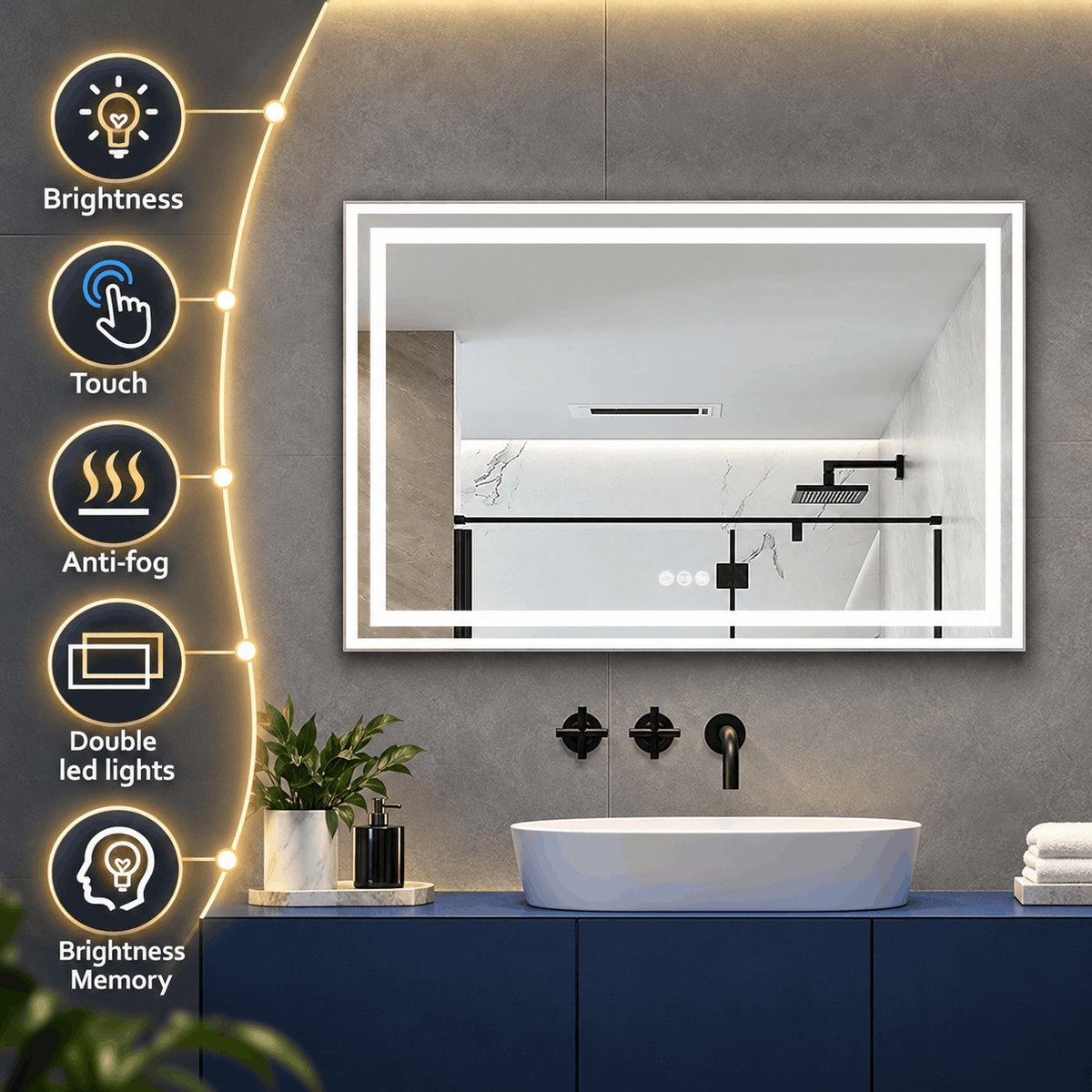 Horizontal rectangle LED mirror above a vessel sink with icons for brightness, touch, anti fog and double lights