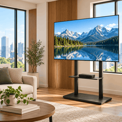 TV on a black free standing stand in a bright living room with a set top box on the shelf, a sofa and a coffee table
