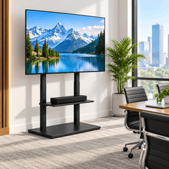 TV on a black free standing stand in an office beside a meeting table with a soundbar on the shelf