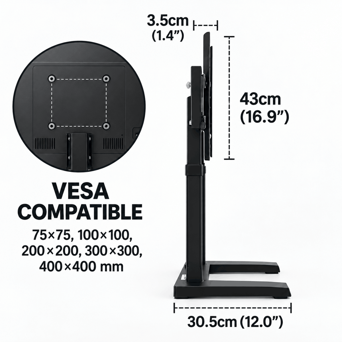Side view diagram of a black free standing TV stand showing the bracket thickness and height, base depth and a hole pattern