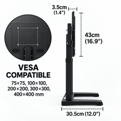 Side view diagram of a black free standing TV stand showing the bracket thickness and height, base depth and a hole pattern