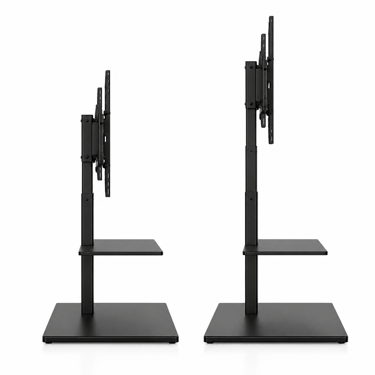 Two side views of a black free standing TV stand at a lower height and a higher height with a shelf and a base