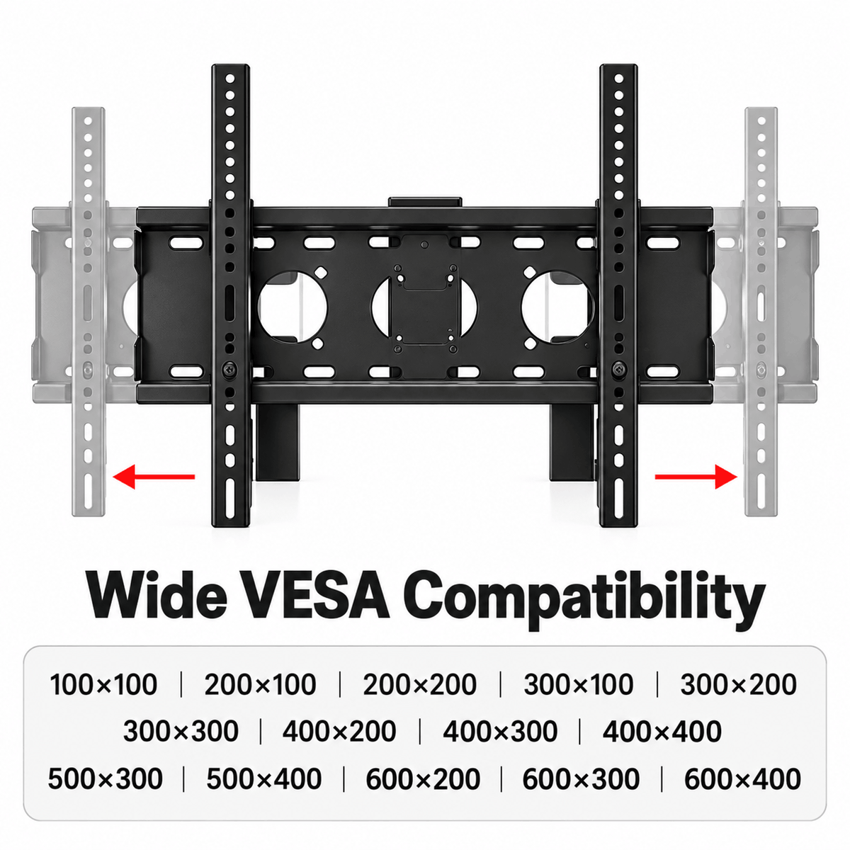 Black TV bracket with sliding vertical arms beside a list of the VESA hole patterns it fits