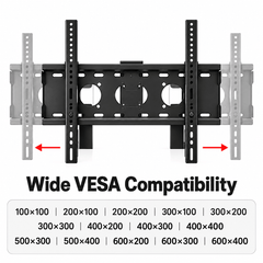 Black TV bracket with sliding vertical arms beside a list of the VESA hole patterns it fits