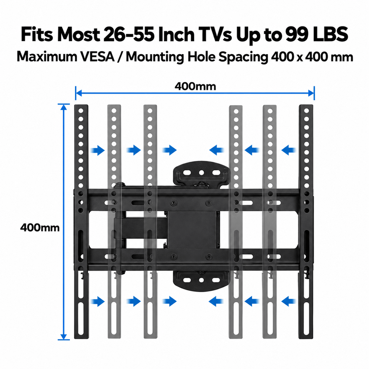 Diagram of the TV brackets of a wall mount sliding apart to fit different mounting hole spacings