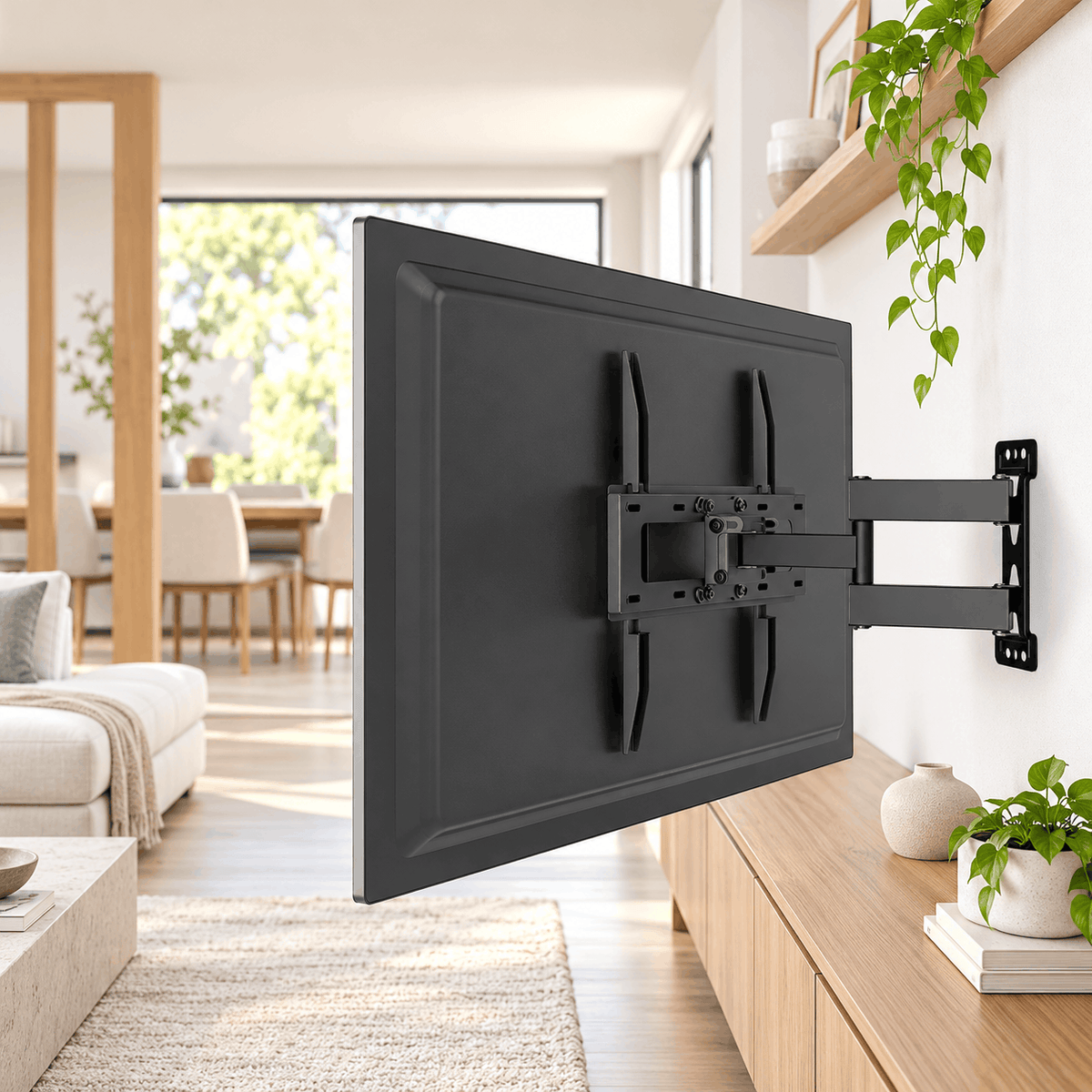 Back of a TV on a black full motion wall mount with the arm extended in a bright living room beside a timber sideboard
