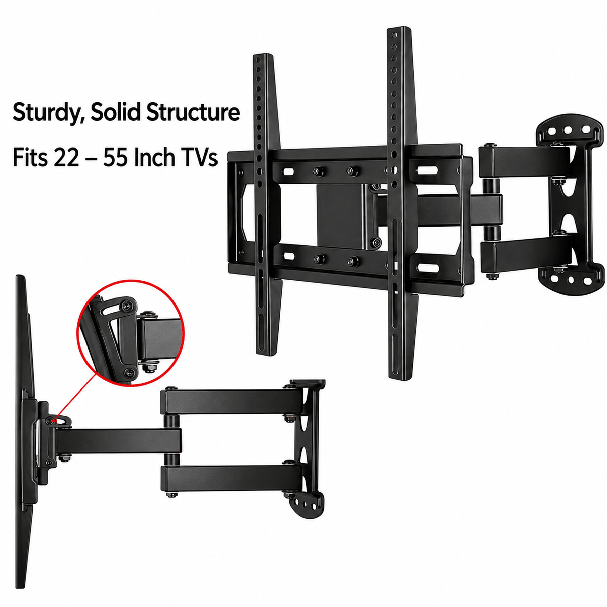 Two views of a black full motion TV wall mount, one from the front and one from the side showing the arm joint
