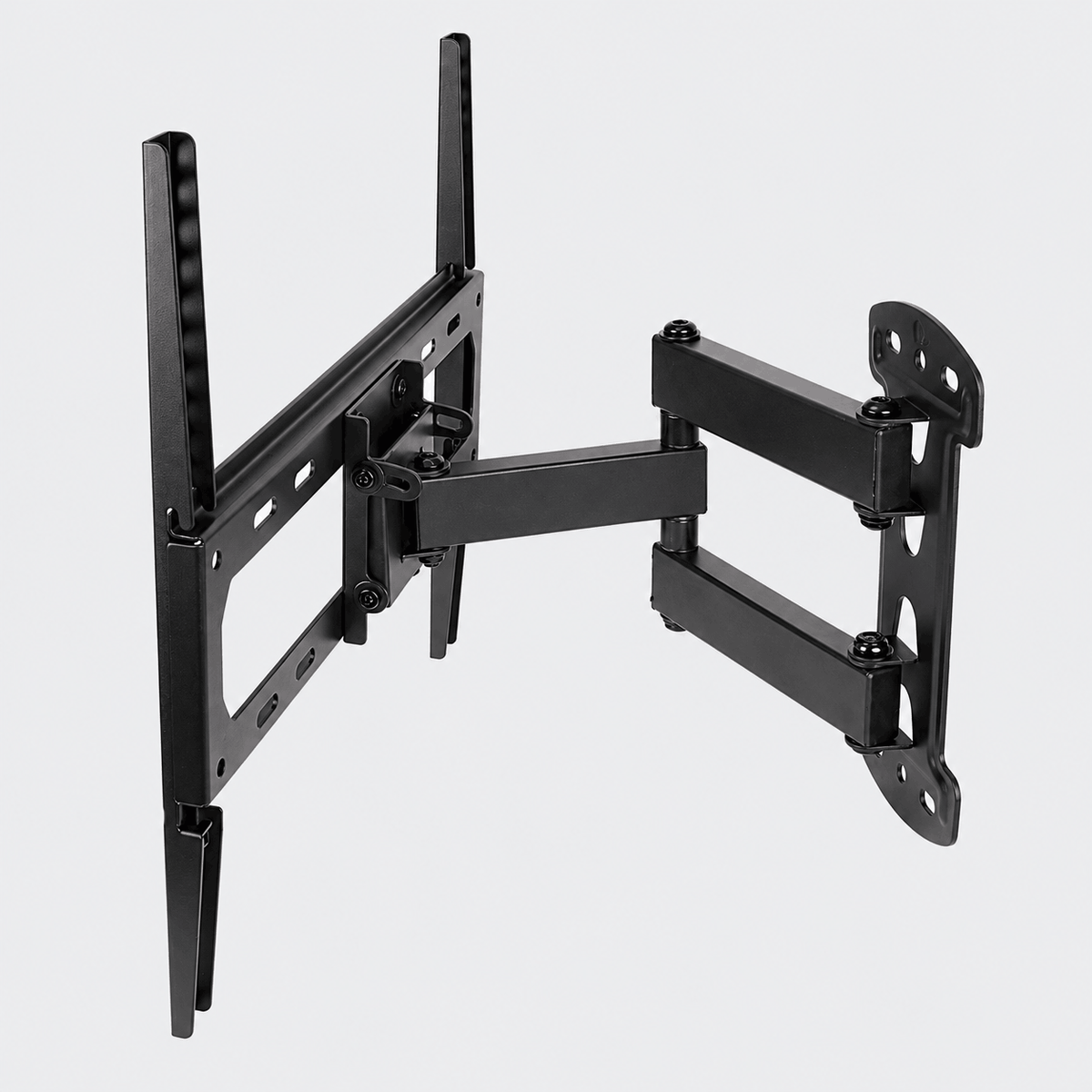 Black full motion TV wall mount with a folding double arm and wall plate on a grey background