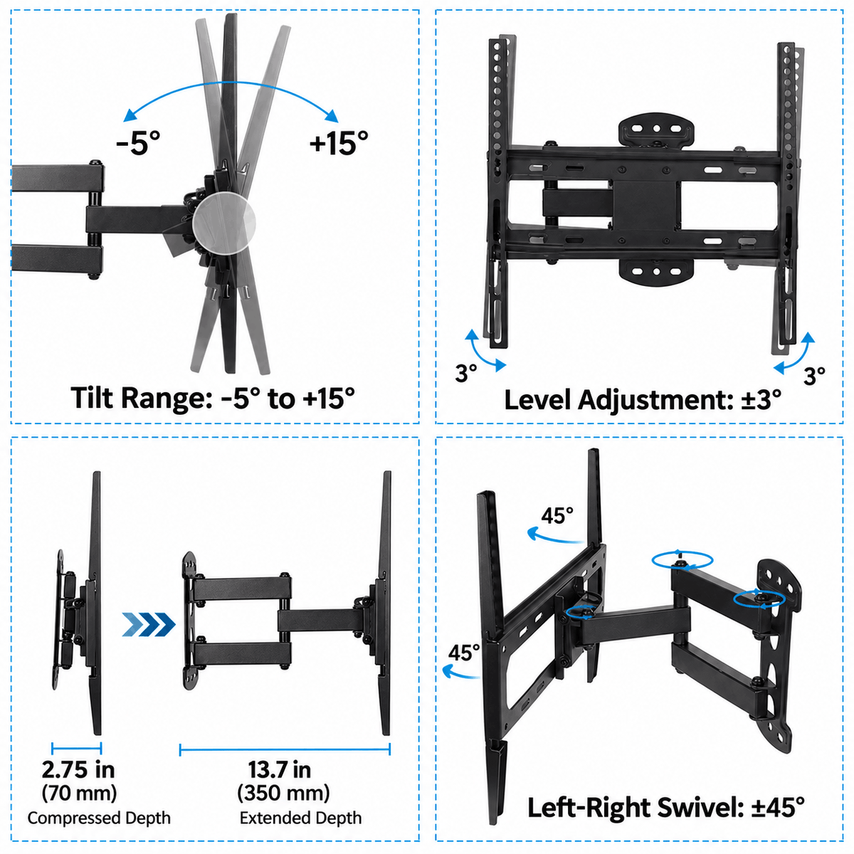 Four diagrams of a full motion TV wall mount showing tilt, level adjustment, arm depth and left and right swivel