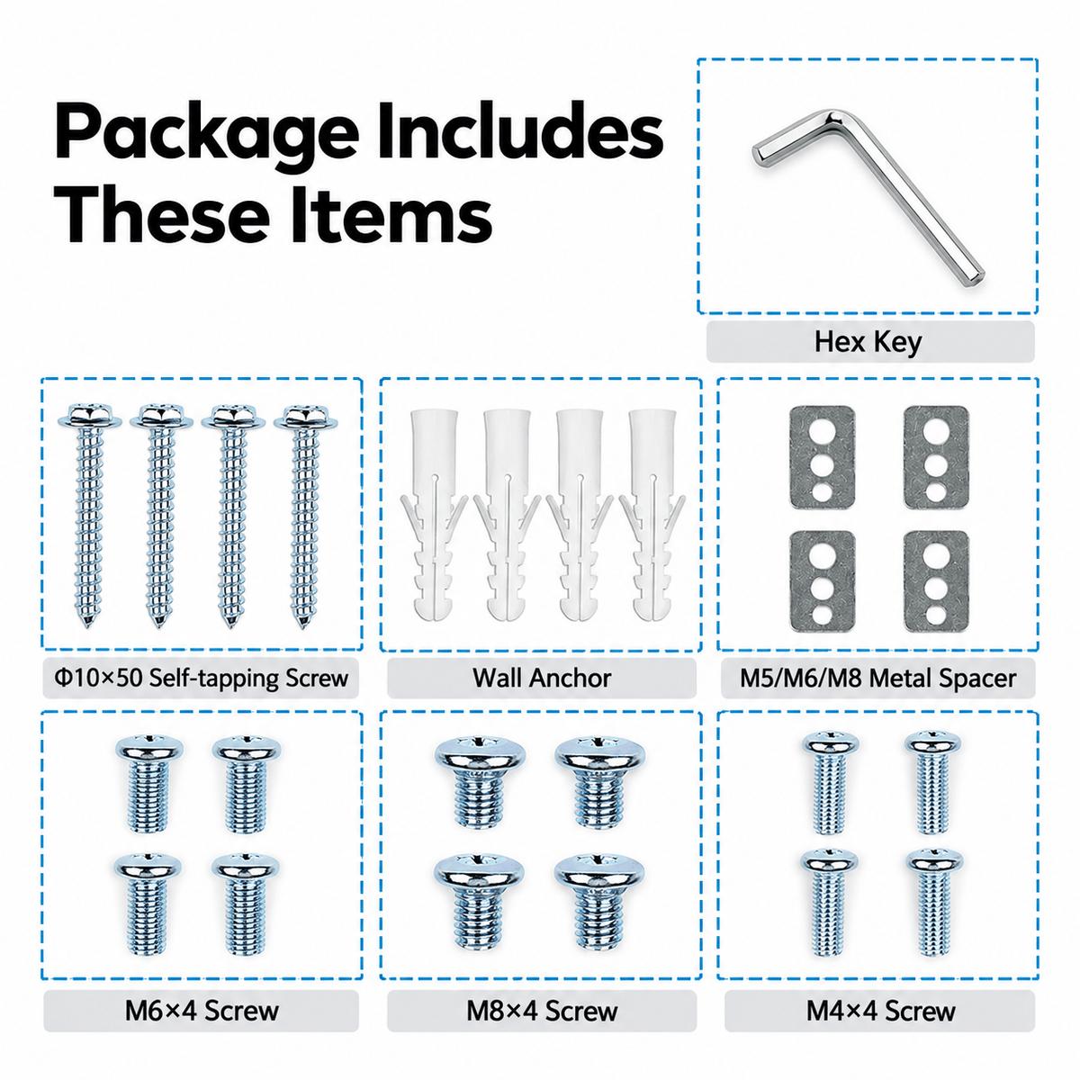 Hex key, self tapping screws, wall anchors, metal spacers and bolts of different sizes laid out in boxes