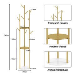 Gold tree coat rack dimensions diagram with close-ups of the branch hooks, metal shelves and artificial marble base