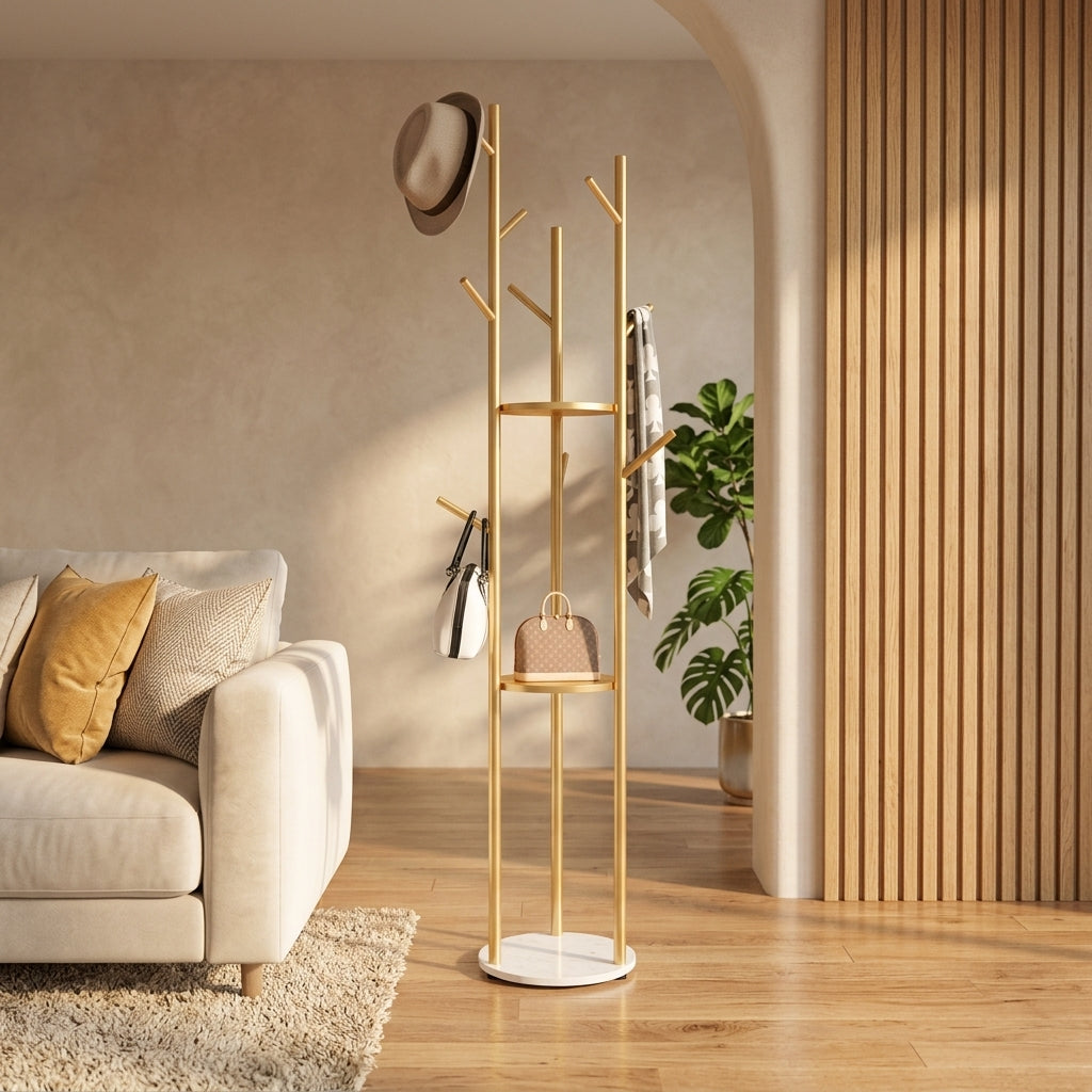 Gold tree coat rack in a hallway with a hat, scarf and white bag on the branches and a handbag on a round shelf