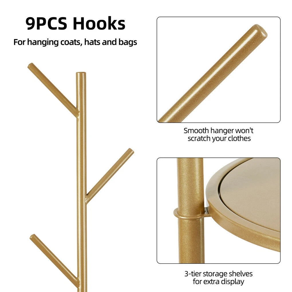 Close-up of the smooth gold branch hooks and a round metal shelf joint on the tree coat rack