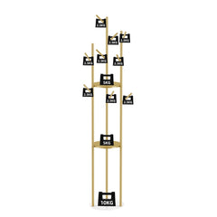 Gold tree coat rack load capacity diagram with weights marked on the branch hooks, the two shelves and the marble-look base