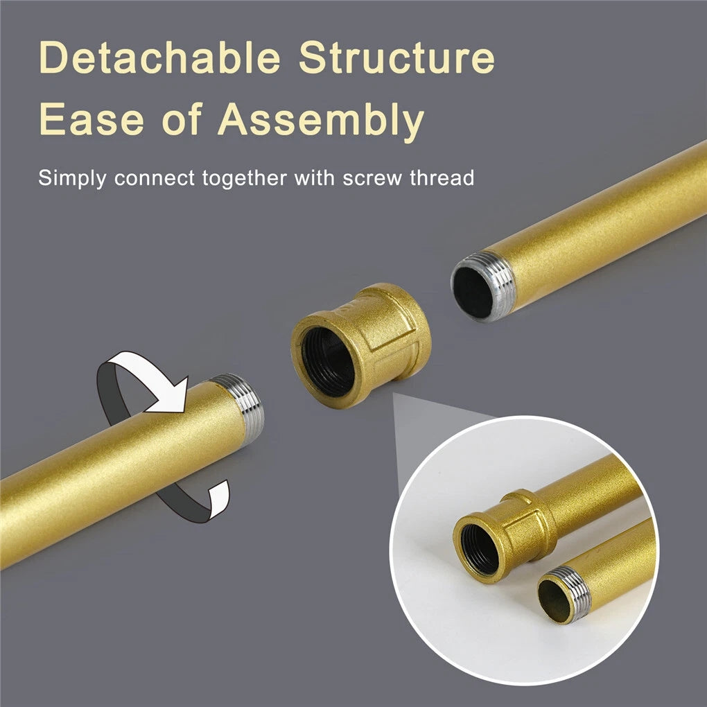 Close-up of gold pipe sections joining with a threaded coupling on the detachable clothes rack