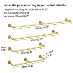 Diagram of the gold pipe clothes rack installed at three different lengths with wall flange and rail depth sizes