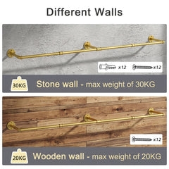 Gold pipe clothes rack mounted on a stone wall and a wooden wall with the wall anchors and screws shown beside each