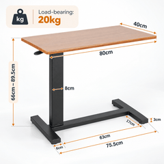 Dimensions diagram of the height adjustable table showing top size, height range, base size and load rating