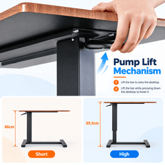 Hand lifting the lever under the tabletop with low and high height positions shown below