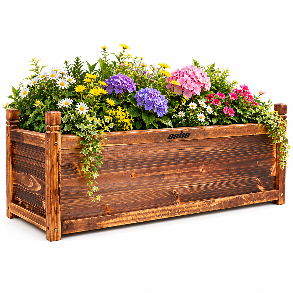 Long wooden planter box in carbonized pine with corner posts, filled with daisies, hydrangeas and ivy