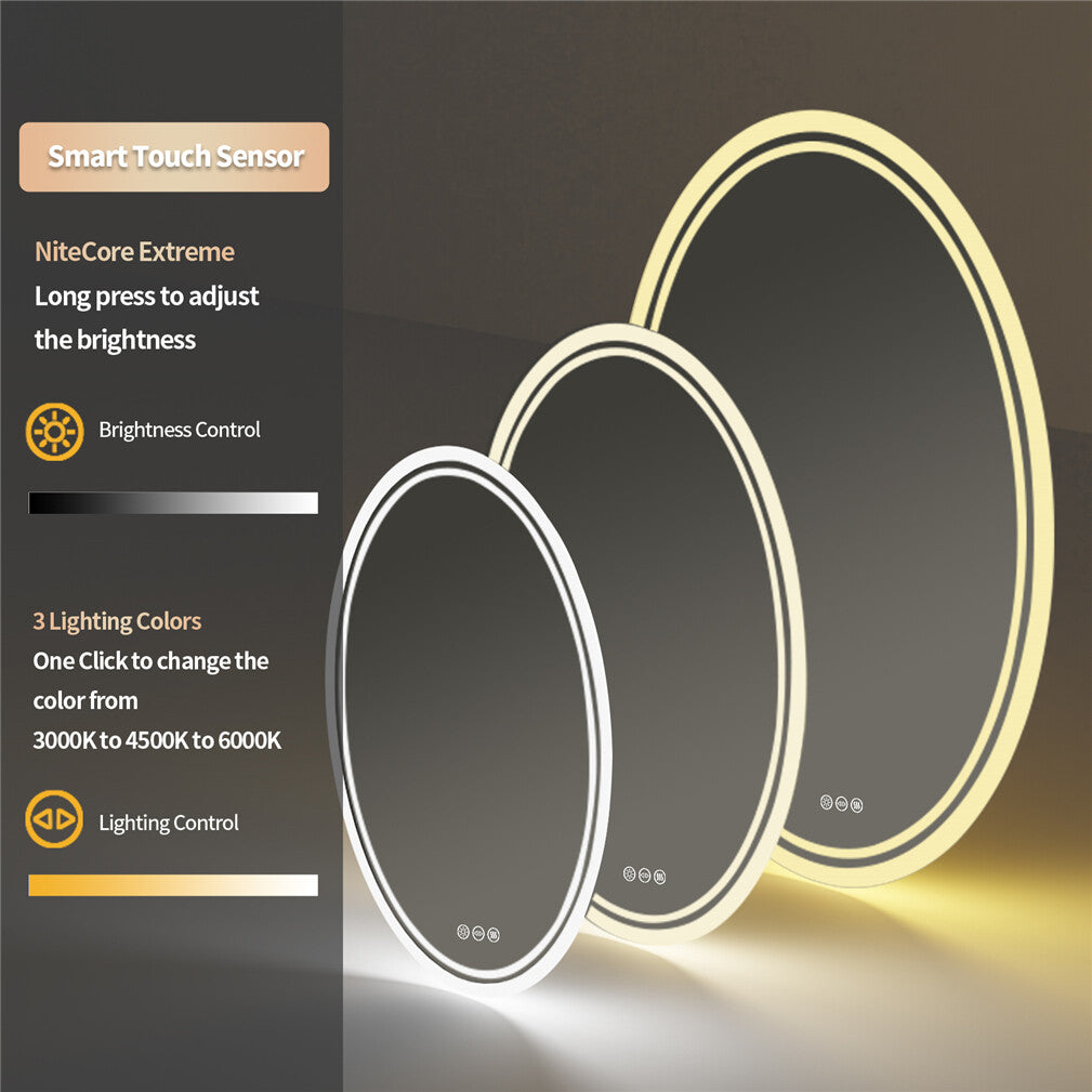 Oval backlit LED bathroom mirror, lit detail