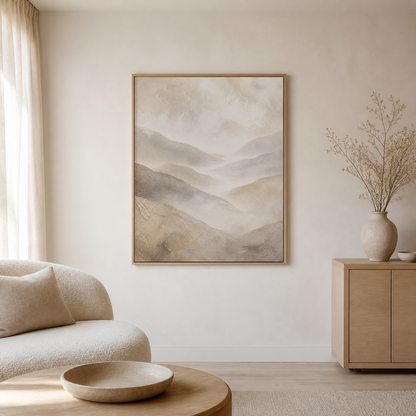 Mist Between Hills birch floating frame canvas in a neutral interior