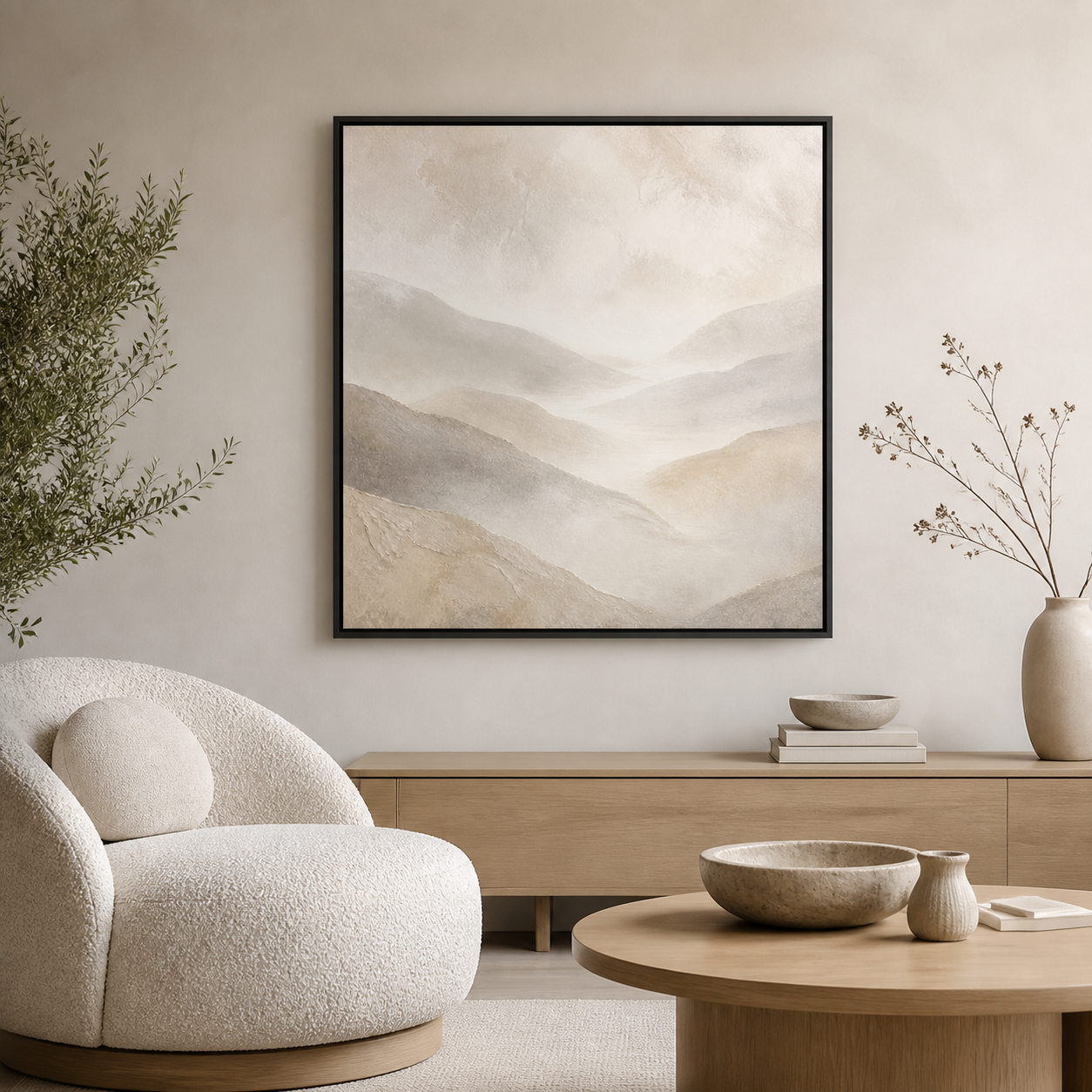 Mist Between Hills black floating frame canvas