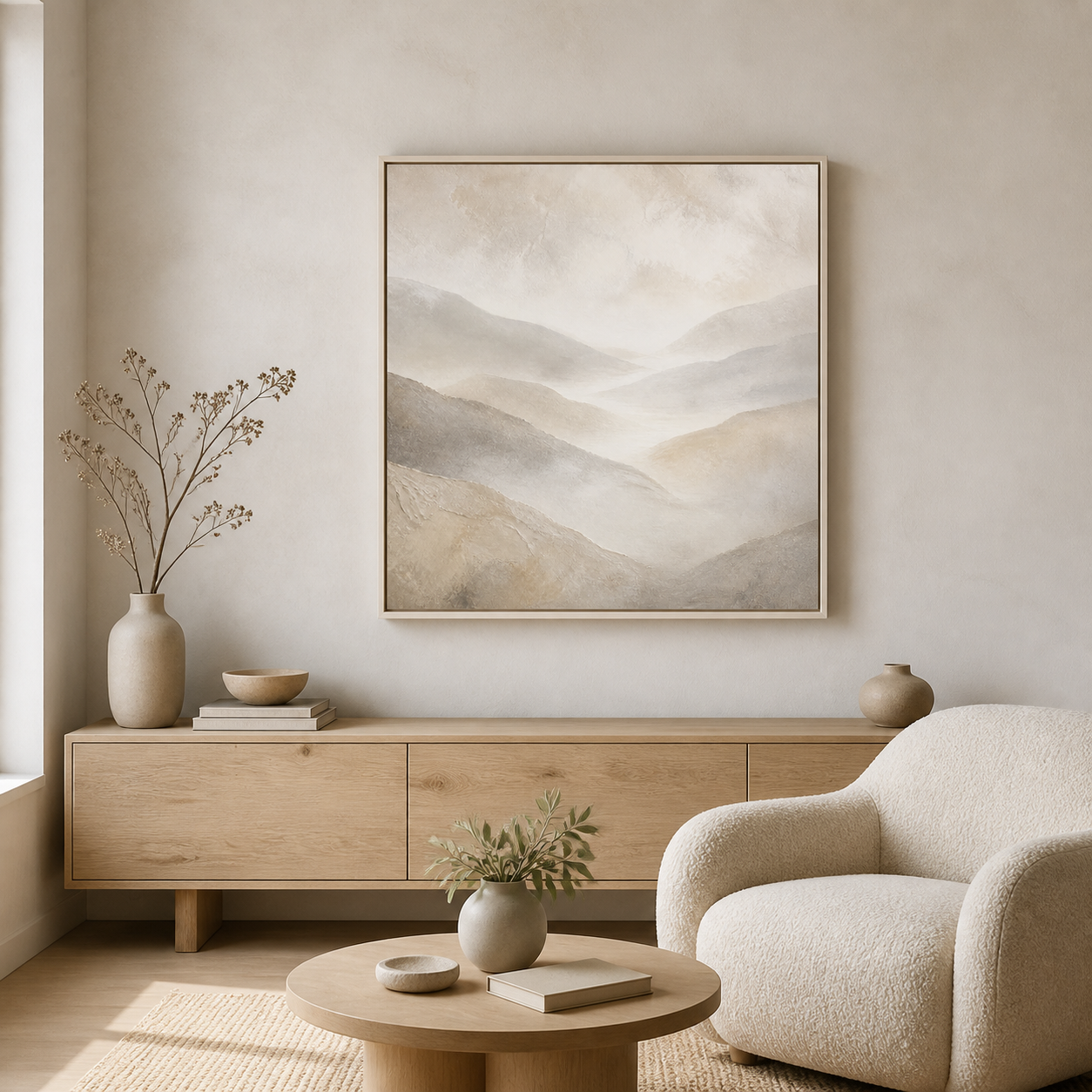 Mist Between Hills white floating frame canvas