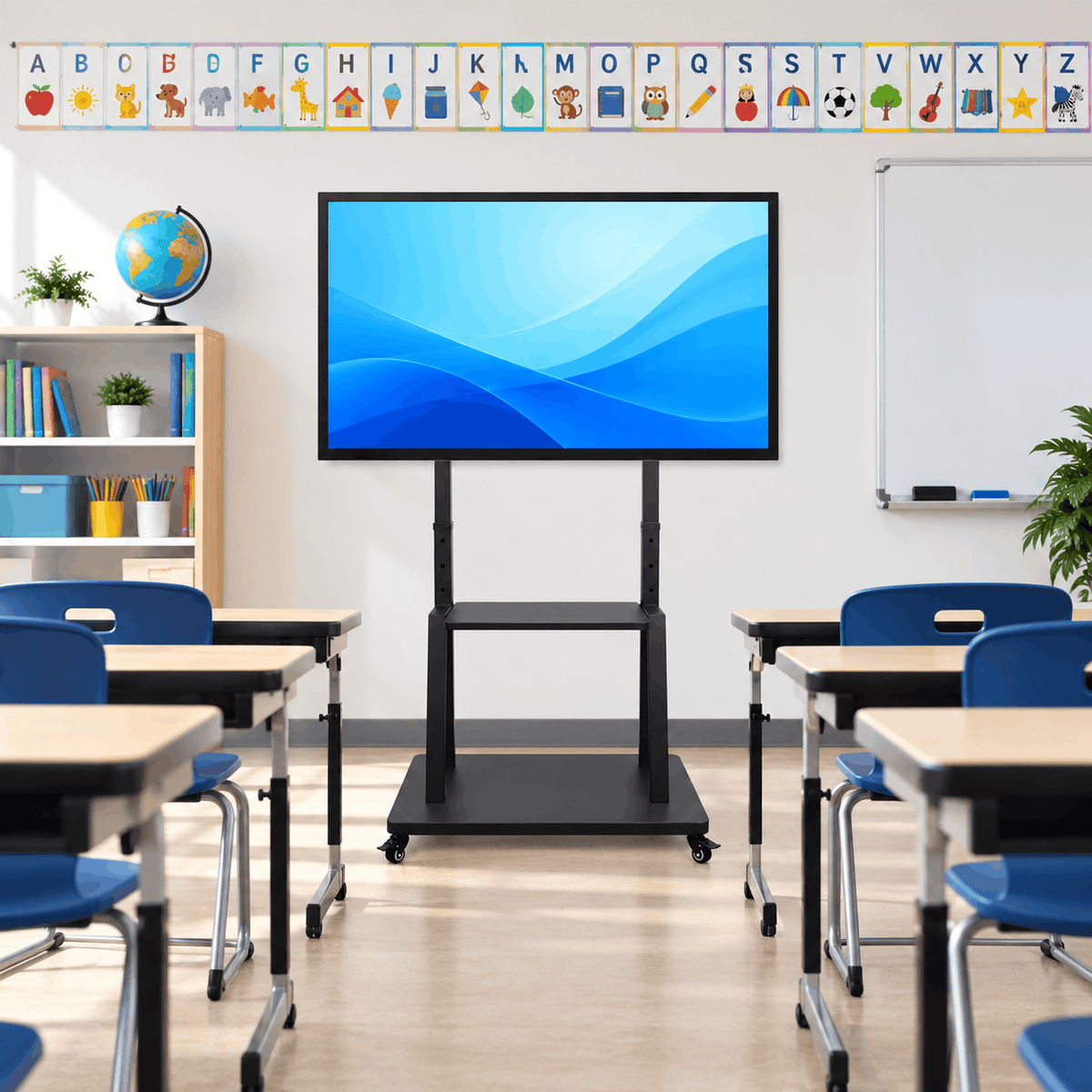 Mobile TV stand holding a large TV at the front of a classroom with desks, chairs, a bookshelf and a whiteboard