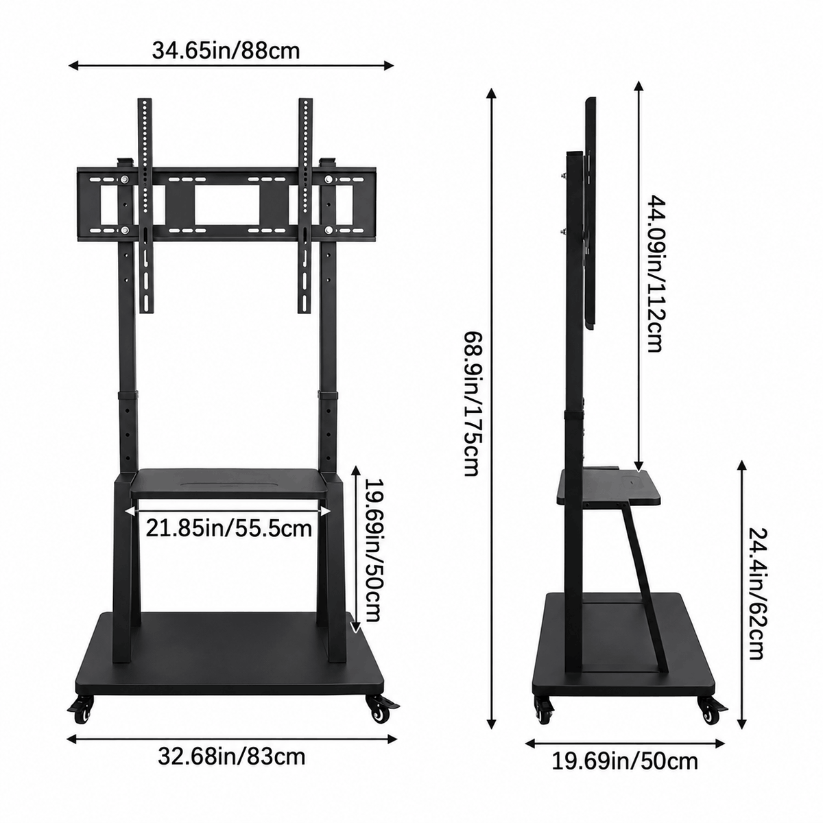 Front and side dimensions diagram of a mobile TV stand showing its height, base and shelf sizes