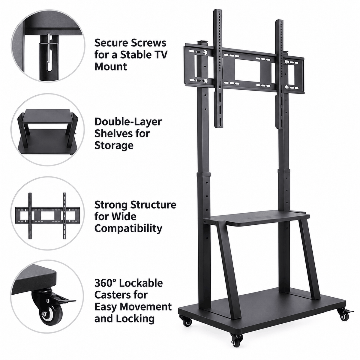 Mobile TV stand with close up circles showing the adjusting screws, two shelves, the bracket and a lockable wheel