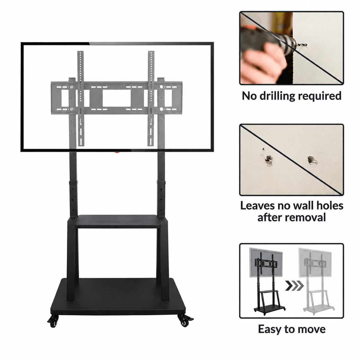 Mobile TV stand with pictures showing no wall drilling, no wall holes and the stand rolling to a new spot
