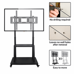 Mobile TV stand with pictures showing no wall drilling, no wall holes and the stand rolling to a new spot